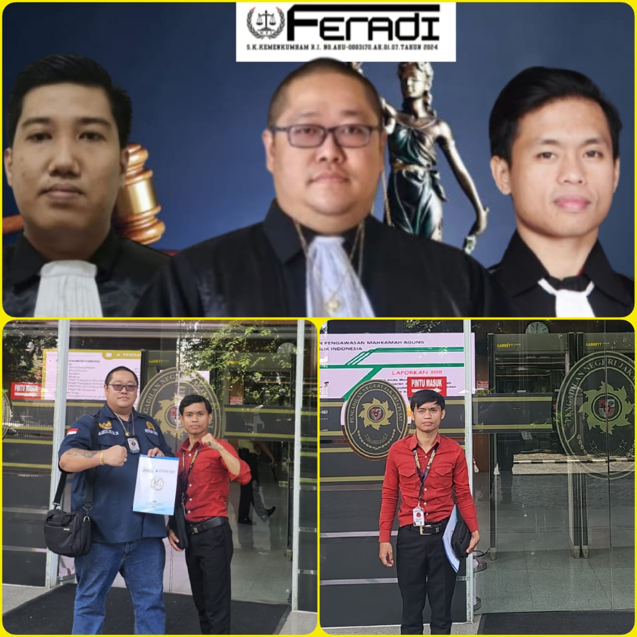 Doc. Kolase foto saat Ketua Umum FERADI WPI, Advokat Donny Andretti, S.H., S.Kom., M.Kom., C.Md., dan Bendahara Umum, Advokat Prija Maxy Theozipa, S.H., menghadiri sidang di Pengadilan Niaga Jakarta Pusat. Kehadiran mereka dalam agenda pembahasan alat bukti surat tambahan dari pemohon pailit mencerminkan komitmen FERADI WPI dalam mendukung akses keadilan bagi masyarakat. (Foto Dokumentsi: FERADI WPI Official).
