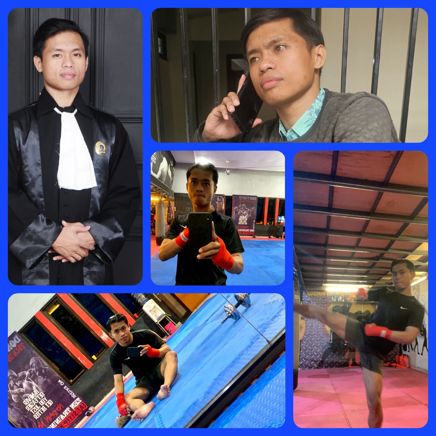 Doc. Kolase foto yang menampilkan berbagai sisi kehidupan Prija Maxy Theozipa, S.H., baik sebagai advokat, atlet Muaythai, maupun sosok yang aktif di berbagai kegiatan sosial dan hukum.