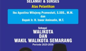 Doc. Flyer Ucapan selamat dari FERADI WPI DPC Kota Semarang untuk Walikota dan Wakil Walikota Semarang yang baru dilantik, menampilkan elemen visual yang mencerminkan semangat kebersamaan dan harapan untuk kepemimpinan yang lebih baik. (Foto Dokumentasi: FERADI WPI DPC Kota Semarang).