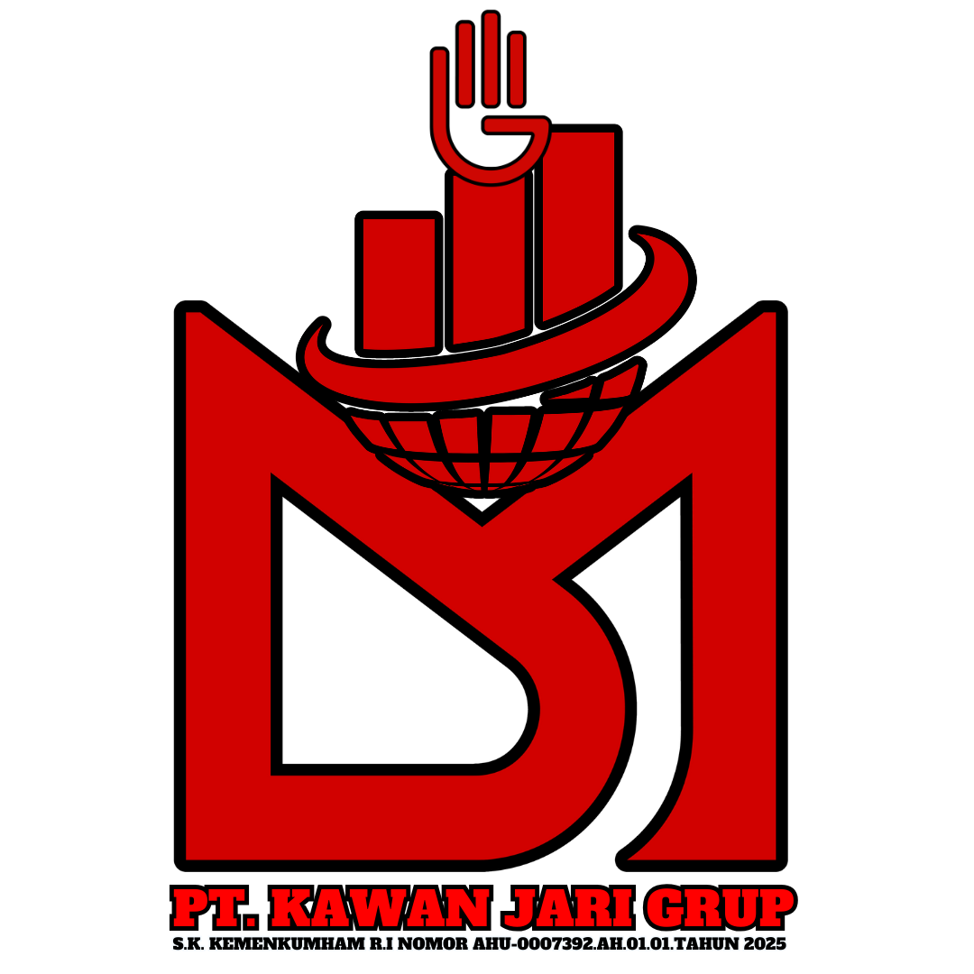 Doc. Logo Resmi PT Kawan Jari Grup. Logo resmi PT Kawan Jari Grup yang merepresentasikan visi perusahaan sebagai badan usaha yang profesional, inovatif, dan berwawasan global. Dengan elemen grafis tangan terbuka, grafik batang, serta globe berorbit, logo ini mencerminkan semangat gotong royong, pertumbuhan berkelanjutan, dan keterbukaan dalam berkarya. (Foto Dokumentasi: kawanjarinews.com).