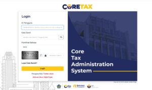 Doc. Tangkapan layar halaman login sistem Core Tax Administration System (Coretax) milik Direktorat Jenderal Pajak (DJP), Kementerian Keuangan Republik Indonesia. Tampilan ini menunjukkan form login dengan kolom ID Pengguna, Kata Sandi, Pemilihan Bahasa, serta Captcha untuk verifikasi keamanan. Di bagian kanan terdapat elemen desain dengan logo Coretax dan gambar gedung DJP sebagai latar belakang. Halaman ini juga menyediakan opsi bagi pengguna baru untuk mendaftar atau mengaktifkan akun wajib pajak. (Foto Dokumentasi: Eko Wayhu).
