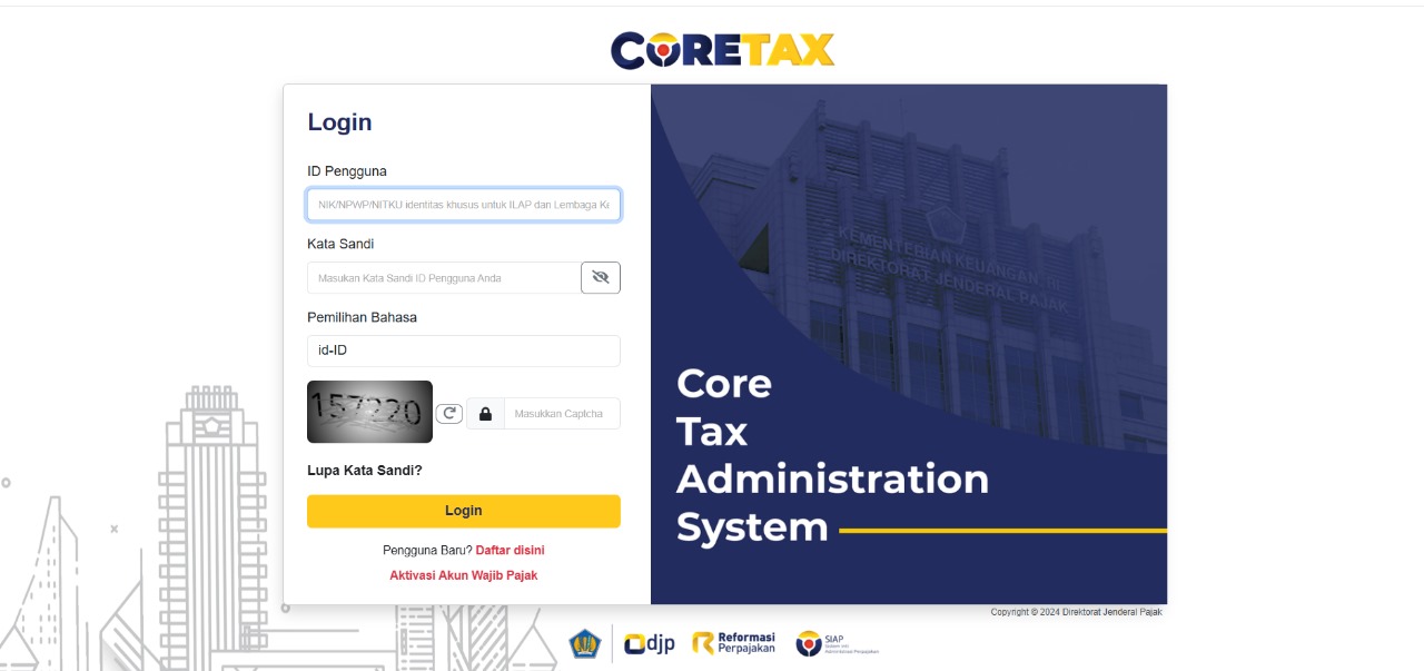 Doc. Tangkapan layar halaman login sistem Core Tax Administration System (Coretax) milik Direktorat Jenderal Pajak (DJP), Kementerian Keuangan Republik Indonesia. Tampilan ini menunjukkan form login dengan kolom ID Pengguna, Kata Sandi, Pemilihan Bahasa, serta Captcha untuk verifikasi keamanan. Di bagian kanan terdapat elemen desain dengan logo Coretax dan gambar gedung DJP sebagai latar belakang. Halaman ini juga menyediakan opsi bagi pengguna baru untuk mendaftar atau mengaktifkan akun wajib pajak. (Foto Dokumentasi: Eko Wayhu).