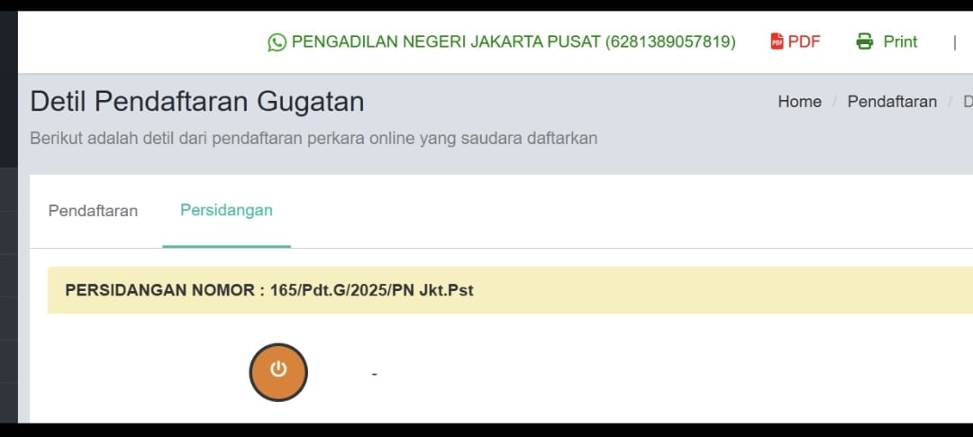 Doc. Cuplikan layar dari sistem pendaftaran perkara online di Pengadilan Negeri Jakarta Pusat yang menunjukkan detail gugatan PT Arion Indonesia dengan nomor perkara 165/Pdt.G/2025/PN Jkt.Pst. Gugatan ini diajukan terkait dugaan penghilangan alat bukti dalam sengketa pajak. (Foto Dokumentasi: Eko Wahyu).