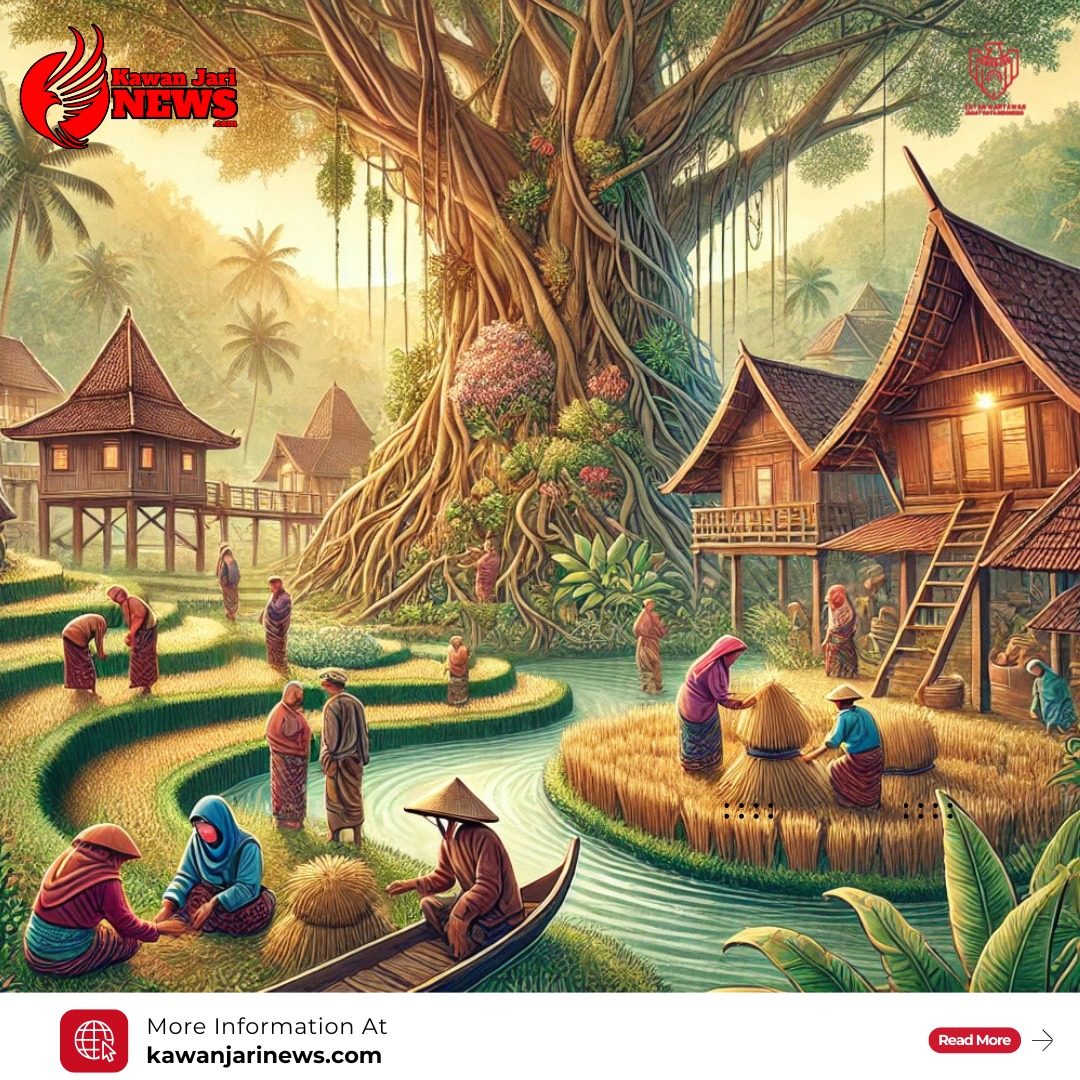 Doc. Ilustrasi ini menggambarkan suasana desa tradisional Indonesia dengan praktik pertanian berkelanjutan dan kehidupan komunitas yang harmonis. Gambar ini dibuat sebagai representasi konsep kearifan lokal dalam menghadapi tantangan global. Harap dicatat bahwa ilustrasi ini bersifat imajinatif dan tidak menggambarkan situasi nyata di lokasi atau waktu tertentu. (Gambar: NR Official).