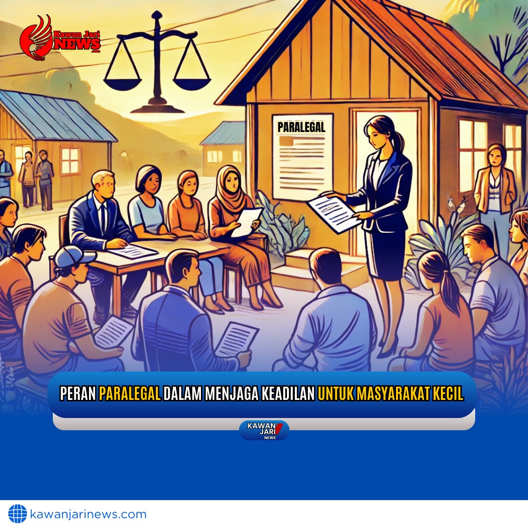 Doc. Ilustrasi ini menggambarkan seorang paralegal yang sedang memberikan pendampingan hukum kepada masyarakat kecil dalam sebuah pertemuan komunitas. Dalam suasana yang hangat dan penuh perhatian, paralegal menjelaskan hak-hak hukum menggunakan dokumen dan diagram yang mudah dipahami. Beberapa anggota komunitas tampak mendengarkan dengan serius, sementara yang lain berdiskusi untuk memahami lebih lanjut. Harap dicatat bahwa ilustrasi ini bersifat imajinatif dan tidak menggambarkan situasi nyata di lokasi atau waktu tertentu. (Gambar: NR Official).