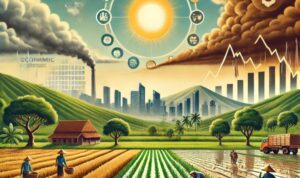 Doc. Ilustrasi ini menggambarkan tantangan dan strategi ketahanan pangan Indonesia di tengah ancaman krisis global. Terlihat petani yang bekerja di sawah subur, melambangkan ketahanan sektor pertanian. Di latar belakang, terdapat lahan kering yang mencerminkan dampak perubahan iklim, serta simbol krisis global seperti grafik ekonomi menurun dan bencana alam. Matahari yang terbit di cakrawala melambangkan harapan dan solusi berkelanjutan melalui dukungan pemerintah serta inovasi pertanian. Catatan: Gambar ini merupakan ilustrasi konseptual yang dibuat untuk mendukung pemahaman tentang ketahanan pangan dan tidak menggambarkan kejadian nyata di lokasi atau wilayah tertentu. (Gambar: NR Official).