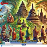 Doc. Ilustrasi ini menggambarkan perjalanan budaya Jawa melalui tiga periode sejarah utama. Pada bagian pertama, terlihat masyarakat Jawa pra-Hindu-Buddha yang menjalankan kepercayaan animisme dan dinamisme di tengah alam yang subur. Bagian kedua menampilkan pengaruh Hindu-Buddha dengan keberadaan candi besar dan para cendekiawan Jawa yang memadukan unsur budaya India dalam kehidupan mereka. Sementara itu, bagian ketiga menggambarkan era Islam dengan hadirnya masjid tradisional, serta masyarakat yang mengenakan batik dan peci, melambangkan asimilasi budaya Islam di Jawa. Ilustrasi ini menyoroti proses akulturasi budaya yang membentuk identitas Jawa hingga saat ini. Catatan: Gambar ini merupakan ilustrasi konseptual yang dibuat untuk mendukung pemahaman tentang sejarah budaya Jawa dan tidak menggambarkan kejadian nyata di lokasi atau waktu tertentu. (Gambar: NR Official).