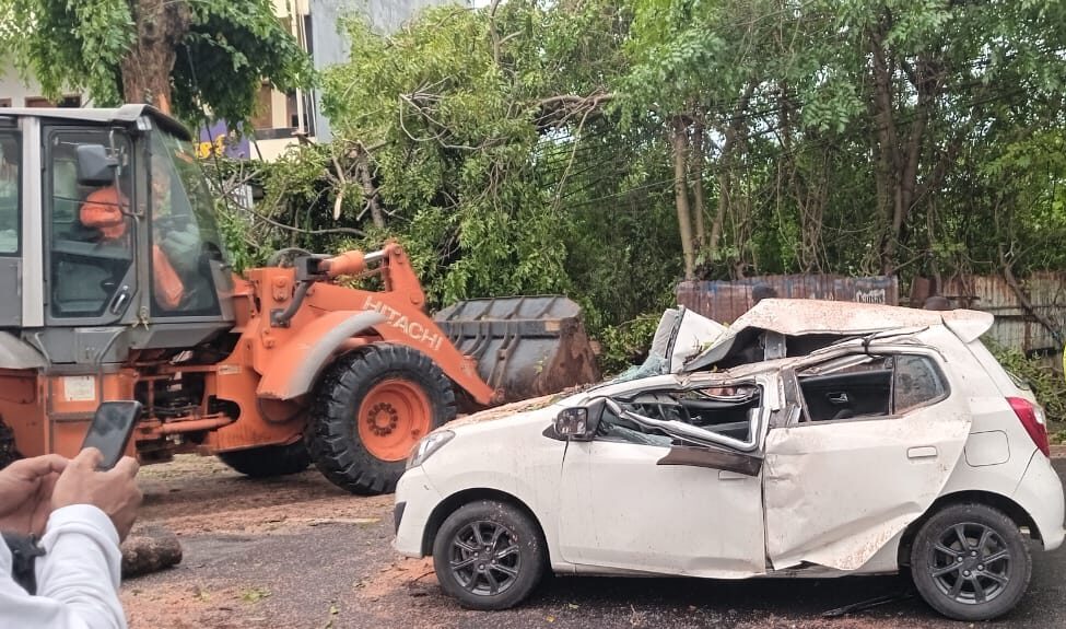 Doc. Proses evakuasi mobil yang ringsek akibat tertimpa pohon besar di Jalan Raya Kuta, Bali. Alat berat digunakan untuk membersihkan puing-puing pohon agar lalu lintas kembali normal. Warga sekitar turut menyaksikan jalannya evakuasi. (Bali, 22/3/2025 – Foto Dokumentasi: Umbu Arfin).