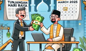 Doc. Gambar ilustrasi ini menggambarkan seorang pekerja dan seorang pengusaha yang dengan gembira menerima amplop berisi uang, melambangkan pencairan Tunjangan Hari Raya (THR) dan gaji ke-13. Di latar belakang, terdapat suasana kantor yang mencerminkan dunia kerja, serta dekorasi bernuansa Islami yang menandakan momen Idulfitri yang semakin dekat. Ilustrasi ini menyoroti pentingnya pembayaran THR dan gaji ke-13 sebagai hak pekerja yang harus dipenuhi oleh perusahaan dan pemerintah, sesuai dengan regulasi yang berlaku. Catatan: Gambar ini merupakan ilustrasi konseptual yang dibuat untuk mendukung pemahaman tentang kebijakan pembayaran THR dan gaji ke-13 di Indonesia, serta tidak menggambarkan kejadian nyata di lokasi atau waktu tertentu. (Gambar: NR).