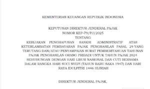 Doc. Tangkapan layar Keputusan Direktur Jenderal Pajak Nomor KEP-79/PJ/2025 yang menetapkan kebijakan penghapusan sanksi administratif atas keterlambatan pembayaran Pajak Penghasilan Pasal 29 dan penyampaian Surat Pemberitahuan Tahunan (SPT) Pajak Penghasilan Orang Pribadi Tahun Pajak 2024, sehubungan dengan libur nasional dan cuti bersama Hari Suci Nyepi serta Hari Raya Idulfitri 1446 Hijriah. (Foto Dokumentasi: Eko Wahyu).
