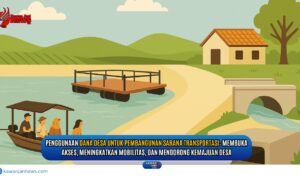 Doc. Gambar ini hanya bersifat ilustrasi dan tidak menggambarkan kejadian atau lokasi tertentu secara nyata. Ilustrasi ini merepresentasikan pemanfaatan Dana Desa untuk pembangunan sarana dan prasarana transportasi guna meningkatkan mobilitas dan keterhubungan antarwilayah desa. Sebagaimana diatur dalam Permendesa PDTT No. 7 Tahun 2023, penggunaan Dana Desa dapat diarahkan untuk membangun jalan desa, jembatan, perahu, dermaga apung, hingga fasilitas pendukung transportasi lainnya. Upaya ini merupakan bagian dari strategi percepatan pencapaian SDGs Desa, penguatan ekonomi lokal, serta pemerataan pembangunan di wilayah dengan kondisi geografis yang menantang. Pembangunan dilaksanakan melalui mekanisme Musyawarah Desa secara partisipatif dan transparan, serta wajib mengedepankan prinsip Padat Karya Tunai demi menggerakkan ekonomi masyarakat desa. (Doc. NR).