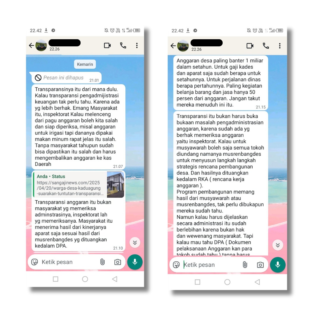 Doc.Tangkapan layar cuplikan percakapan WhatsApp antara kerabat Kepala Desa Kaduagung dengan salah satu warga. Dalam chat tersebut, kerabat Kades menyatakan bahwa “transparansi bukan berarti buka-bukaan dokumen pengadministrasian anggaran”, yang kemudian dikritisi karena bertentangan dengan prinsip dan ketentuan hukum dalam UU Keterbukaan Informasi Publik serta Permendagri tentang pengawasan keuangan desa. (Foto Dokumentasi: Muh. Ismail – Sumber Foto: Seorang warga yang meminta namanya dirahasiakan kepada kawanjarinews.com).