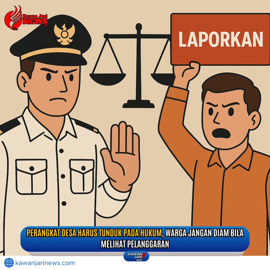 Doc. Gambar ini hanya bersifat ilustrasi dan tidak menggambarkan kejadian atau lokasi tertentu secara nyata. Ilustrasi ini merepresentasikan prinsip bahwa perangkat desa wajib tunduk pada hukum dan warga memiliki hak serta kewajiban untuk mengawasi jalannya pemerintahan desa. Dalam konteks penerapan Undang-Undang Nomor 6 Tahun 2014 tentang Desa, khususnya larangan-larangan dalam Pasal 51, penting bagi seluruh elemen desa untuk menjaga integritas, netralitas, dan akuntabilitas. Penyalahgunaan wewenang, keterlibatan dalam politik praktis, serta tindakan diskriminatif adalah pelanggaran serius yang harus dilawan. Melalui ilustrasi ini, masyarakat diajak untuk tidak diam melihat pelanggaran, melainkan melapor, mengawasi, dan terlibat aktif dalam proses pembangunan desa yang bersih dan adil demi tercapainya keadilan sosial bagi seluruh warga. (Doc. NR | kawanjarinews.com).