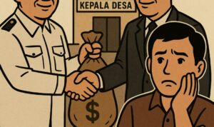 Doc. Gambar ini hanya bersifat ilustratif dan tidak menggambarkan kejadian atau lokasi tertentu secara nyata. Ilustrasi ini merefleksikan potensi kolusi antara Kepala Desa dan Badan Permusyawaratan Desa (BPD) dalam penyimpangan anggaran desa, termasuk proyek fiktif dan pengesahan anggaran tanpa pengawasan. Dalam Undang-Undang bahwa transparansi, akuntabilitas, dan partisipasi warga menjadi kunci utama mencegah korupsi dan menjaga integritas pemerintahan desa. (Doc. NR | kawanjarinews.com).