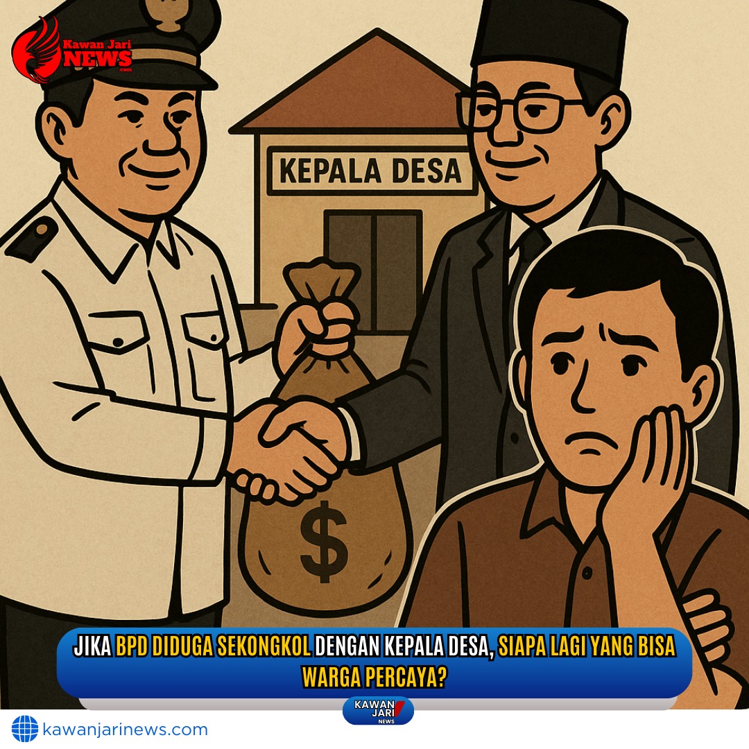 Doc. Gambar ini hanya bersifat ilustratif dan tidak menggambarkan kejadian atau lokasi tertentu secara nyata. Ilustrasi ini merefleksikan potensi kolusi antara Kepala Desa dan Badan Permusyawaratan Desa (BPD) dalam penyimpangan anggaran desa, termasuk proyek fiktif dan pengesahan anggaran tanpa pengawasan. Dalam Undang-Undang bahwa transparansi, akuntabilitas, dan partisipasi warga menjadi kunci utama mencegah korupsi dan menjaga integritas pemerintahan desa. (Doc. NR | kawanjarinews.com).