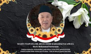 Doc. Potret almarhum Mayjen TNI (Purn.) Dr. (HC) H. Eddie Mardjoeki Nalapraya, tokoh nasional dan pendiri organisasi pencak silat dunia, yang wafat pada usia 93 tahun, Selasa, 13 Mei 2025 di RSPI Pondok Indah, Jakarta. Almarhum dikenal luas sebagai “Bapak Pencak Silat Dunia” atas dedikasinya dalam memajukan seni bela diri pencak silat ke kancah internasional. (Foto Dokumentasi: kawanjarinews.com)
