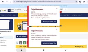 Doc. Tangkapan layar dari portal CoreTax Direktorat Jenderal Pajak (coretaxdjp.pajak.go.id) yang menunjukkan pesan kesalahan bertuliskan "Terjadi kesalahan: Tidak ada hasil yang ditemukan!" pada bagian pengajuan Surat Pemberitahuan (SPT). Gangguan ini menampilkan notifikasi eror sistem pada dua endpoint berbeda yang mengindikasikan masalah teknis saat proses pelaporan pajak secara daring. (Foto Dokumentasi: Eko Wahyu).