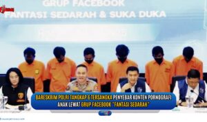 Doc. Konferensi pers pengungkapan kasus penyebaran konten pornografi anak oleh Direktorat Tindak Pidana Siber Bareskrim Polri. Enam tersangka ditampilkan mengenakan pakaian tahanan oranye. Kasus ini melibatkan grup Facebook “Fantasi Sedarah” dan “Suka Duka” yang telah meresahkan publik. (Foto Dokumentasi: NR – kawanjarinews.com).