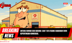 Doc. Ilustrasi menggambarkan konflik antara kawasan perumahan dan gudang yang mengganggu kenyamanan hidup masyarakat. Dalam ilustrasi ini, terlihat seorang pemilik gudang yang rakus dengan ekspresi yang berlebihan, dikelilingi oleh bangunan gudang yang besar dan kendaraan pengangkut barang. Di sisi lain, terdapat rumah-rumah yang menunjukkan ketidakpuasan warga yang terancam oleh keberadaan gudang tersebut. Catatan: Gambar ini hanya merupakan untuk menggambarkan isu penyalahgunaan zonasi tata ruang di wilayah perkotaan. (Ilustrasi: NR - kawanjarinews.com).