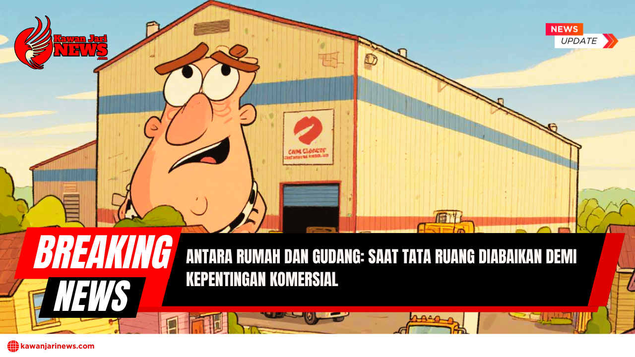 Doc. Ilustrasi menggambarkan konflik antara kawasan perumahan dan gudang yang mengganggu kenyamanan hidup masyarakat. Dalam ilustrasi ini, terlihat seorang pemilik gudang yang rakus dengan ekspresi yang berlebihan, dikelilingi oleh bangunan gudang yang besar dan kendaraan pengangkut barang. Di sisi lain, terdapat rumah-rumah yang menunjukkan ketidakpuasan warga yang terancam oleh keberadaan gudang tersebut. Catatan: Gambar ini hanya merupakan untuk menggambarkan isu penyalahgunaan zonasi tata ruang di wilayah perkotaan. (Ilustrasi: NR - kawanjarinews.com).