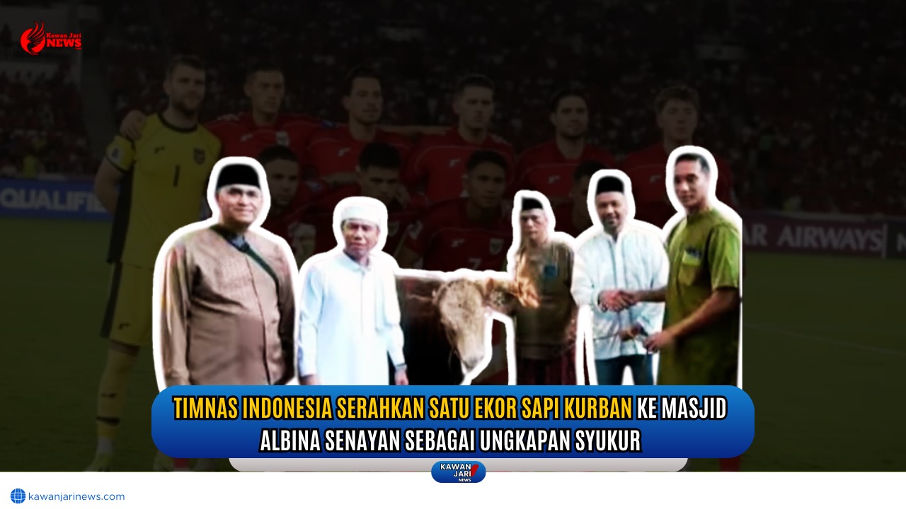 Doc. Perwakilan Timnas Indonesia menyerahkan satu ekor sapi kurban kepada pengurus Masjid Albina Senayan, Jakarta, sebagai wujud syukur atas kemenangan tim. Penyerahan dilakukan Jumat pagi, 6 Juni 2025, disaksikan oleh para tokoh dan panitia kurban setempat. (Foto: NR -kawanjarinews.com).