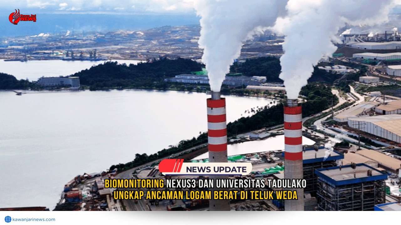 Doc. Cerobong asap PLTU batu bara di kawasan Indonesia Weda Bay Industrial Park (IWIP), Teluk Weda, Halmahera Tengah, Maluku Utara, tampak mengepulkan emisi ke udara. Aktivitas industri nikel di kawasan ini menjadi sorotan dalam laporan biomonitoring Nexus3 Foundation dan Universitas Tadulako yang mengungkapkan tingginya kandungan logam berat di lingkungan dan tubuh warga sekitar. (Foto Dokumentasi: Nexus3 Foundation).