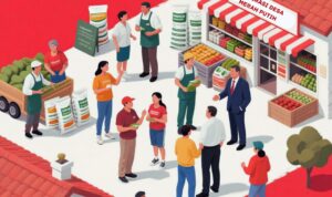 Doc. Ilustrasi suasana pasar desa dalam skema Koperasi Desa Merah Putih. Program ini menuai pro dan kontra di tengah masyarakat desa dan kalangan ahli kebijakan publik. Pemerintah menyebutnya sebagai langkah membangun ekonomi rakyat dari bawah, namun sejumlah pihak mengkhawatirkan dampaknya terhadap otonomi desa dan ketahanan usaha lokal. Catatan: Gambar ini hanya bersifat ilustrasi dan tidak menggambarkan kejadian atau lokasi tertentu secara nyata. (Doc. NR | kawanjarinews.com).