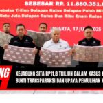 Doc. Jaksa Agung Muda Tindak Pidana Khusus (Jampidsus) beserta jajaran memperlihatkan tumpukan uang tunai sebesar Rp11,8 triliun hasil sitaan dari kasus dugaan korupsi ekspor crude palm oil (CPO) periode 2021–2022. Uang tersebut disita sebagai barang bukti dan dipamerkan kepada publik untuk menunjukkan transparansi dan akuntabilitas proses penegakan hukum. (Foto: Dok. Kejaksaan Agung RI).