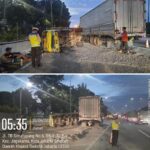 Doc. Sebuah truk engkel terguling setelah bertabrakan dengan truk box di Tol JORR (setelah GT Lenteng Agung 1) pada pukul 05:35 WIB, 20 Juni 2025. Gambar menunjukkan proses evakuasi dan pengalihan arus lalu lintas yang dilakukan oleh pihak berwenang. (Sumber Foto Dokumentasi: TMC Polda Metro Jaya / @TMCPoldaMetro).