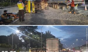 Doc. Sebuah truk engkel terguling setelah bertabrakan dengan truk box di Tol JORR (setelah GT Lenteng Agung 1) pada pukul 05:35 WIB, 20 Juni 2025. Gambar menunjukkan proses evakuasi dan pengalihan arus lalu lintas yang dilakukan oleh pihak berwenang. (Sumber Foto Dokumentasi: TMC Polda Metro Jaya / @TMCPoldaMetro).