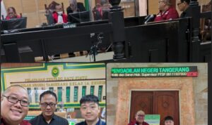 Doc. Advokat Donny Andretti, S.H., S.Kom., M.Kom., C.Md., C.PFW., C.MDF. bersama tim hukum menghadiri sidang perkara perdata di Pengadilan Negeri Tangerang dengan nomor perkara 624/Pdt.G./2025/PN.Tgr. Terlihat dalam foto, suasana ruang sidang saat persidangan berlangsung (atas), serta dokumentasi kehadiran tim hukum di area pelayanan terpadu dan depan ruang sidang Pengadilan Negeri Tangerang (bawah). (Foto Dokumentasi: FERADI WPI Official).