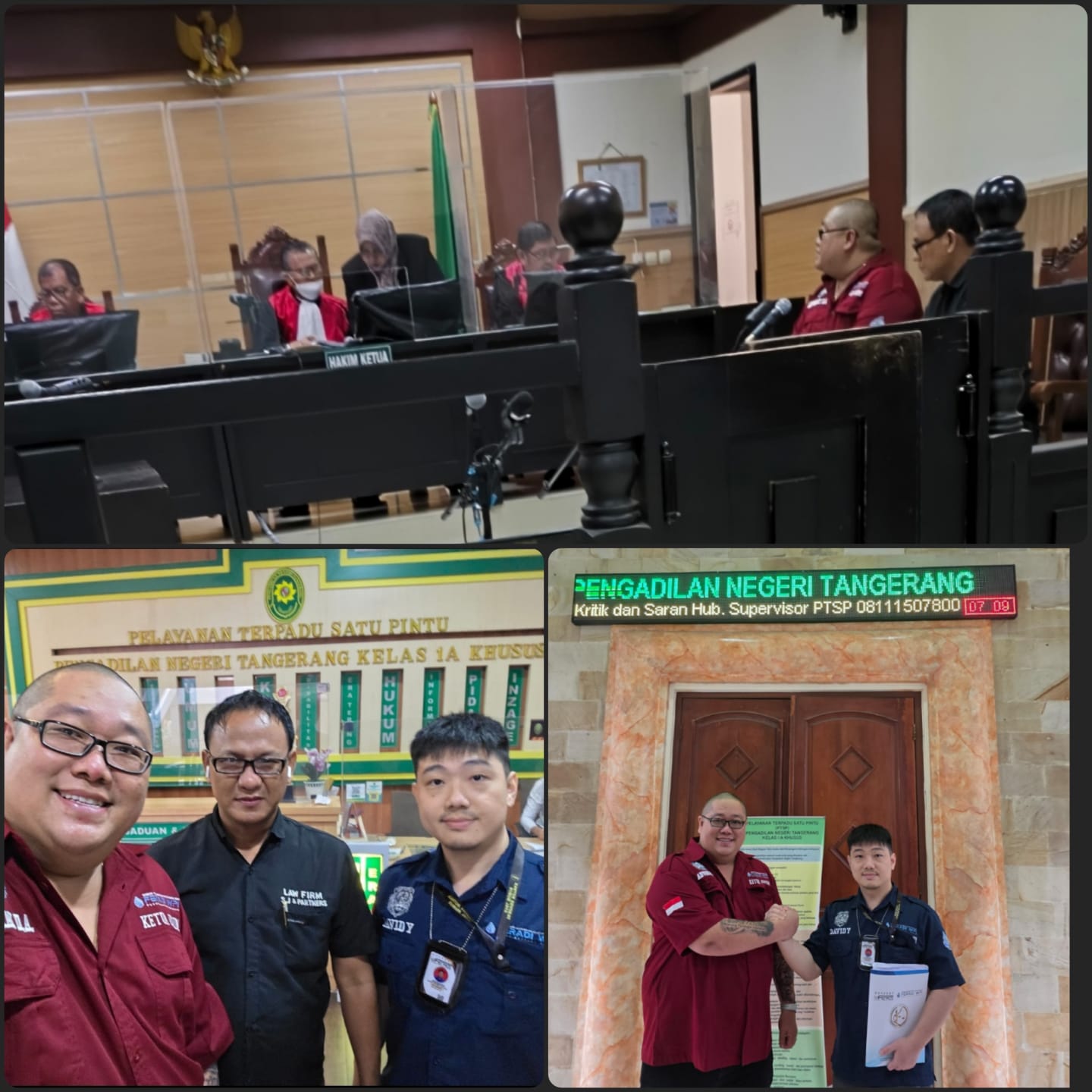 Doc. Advokat Donny Andretti, S.H., S.Kom., M.Kom., C.Md., C.PFW., C.MDF. bersama tim hukum menghadiri sidang perkara perdata di Pengadilan Negeri Tangerang dengan nomor perkara 624/Pdt.G./2025/PN.Tgr. Terlihat dalam foto, suasana ruang sidang saat persidangan berlangsung (atas), serta dokumentasi kehadiran tim hukum di area pelayanan terpadu dan depan ruang sidang Pengadilan Negeri Tangerang (bawah). (Foto Dokumentasi: FERADI WPI Official).
