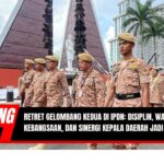 Doc. Para peserta retret gelombang kedua tampak berbaris rapi di halaman utama Kampus IPDN Jatinangor, Sumedang, Jawa Barat, Senin (23/6/2025). Kegiatan ini merupakan bagian dari rangkaian retret kepemimpinan yang difokuskan pada penguatan disiplin, wawasan kebangsaan, dan sinergi antarkepala daerah. Terlihat latar belakang Tugu Prasasti dan bangunan modern yang mengilustrasikan semangat kebaruan dalam program pembinaan tersebut. Retret ini bertujuan memperkuat karakter kepemimpinan dan pemahaman geopolitik nasional dalam menghadapi tantangan pemerintahan di era global. (Sumber Foto Dokumentasi: Mnctrijaya.com).