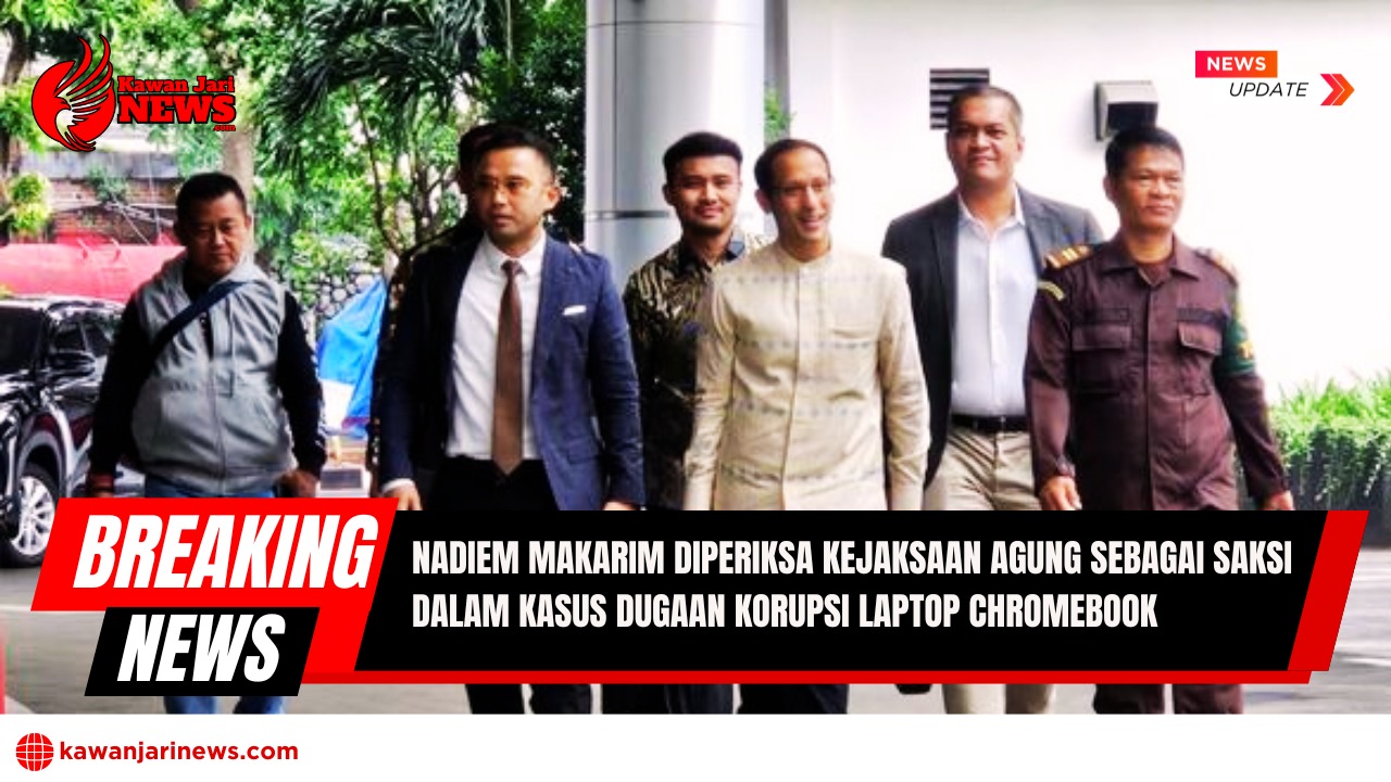 Doc. Nadiem Makarim, mantan Menteri Pendidikan, Kebudayaan, Riset, dan Teknologi, tampak berjalan menuju Gedung Kejaksaan Agung RI di Jakarta pada Senin pagi, 24 Juni 2025. Ia datang didampingi sejumlah anggota tim hukum, termasuk pengacara Hotman Paris Hutapea, untuk menjalani pemeriksaan sebagai saksi dalam kasus dugaan tindak pidana korupsi proyek pengadaan laptop Chromebook senilai Rp 9,9 triliun. Pemeriksaan ini dilakukan oleh penyidik Direktorat Tindak Pidana Khusus Kejaksaan Agung, yang tengah menelusuri kemungkinan penyimpangan dan pelanggaran dalam pengadaan barang negara tersebut. (Sumber Foto Dokumentasi: CNBC).