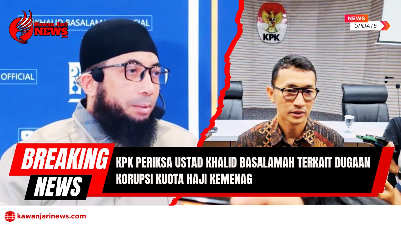 Doc. Ustadz Khalid Basalamah (kiri) dan Juru Bicara KPK (kanan). Ustadz Khalid Basalamah hadir memenuhi panggilan KPK untuk dimintai keterangan terkait dugaan korupsi kuota haji Kementerian Agama. Meskipun bukan tersangka, beliau kooperatif memberikan informasi sebagai praktisi perjalanan haji. Gambar ini menggambarkan proses penyelidikan KPK terhadap dugaan korupsi yang merugikan jemaah haji. (Foto: NR – kawanjarinews.com).
