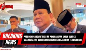 Doc. Presiden Prabowo Subianto (tengah) telah menandatangani Peraturan Pemerintah (PP) Nomor 24 Tahun 2025 tentang pemberian penghargaan kepada Justice Collaborator. PP ini bertujuan memberikan perlindungan dan insentif kepada pelaku kejahatan yang bersedia bekerja sama dengan penegak hukum untuk mengungkap kejahatan terorganisir. (Foto: NR – kawanjarinews.com).