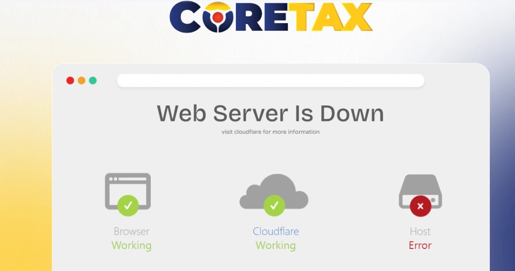 Doc. Tangkapan layar aplikasi CoreTax yang menampilkan pesan error "Web Server Is Down". Tangkapan layar ini menampilkan pesan kesalahan pada sistem CoreTax Direktorat Jenderal Pajak (DJP), yang menjadi salah satu poin kritik dari Ikatan Wajib Pajak Indonesia (IWPI) terkait proses migrasi sistem administrasi perpajakan. (Foto Dokumentasi: Eko Wahyu).