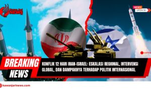 Doc. Ilustrasi ini menampilkan bendera Iran dan Israel, serta peralatan militer, untuk menggambarkan konflik 12 hari antara kedua negara dan dampaknya terhadap politik internasional. (Ilustrasi: NR -kawanjarinews.com).