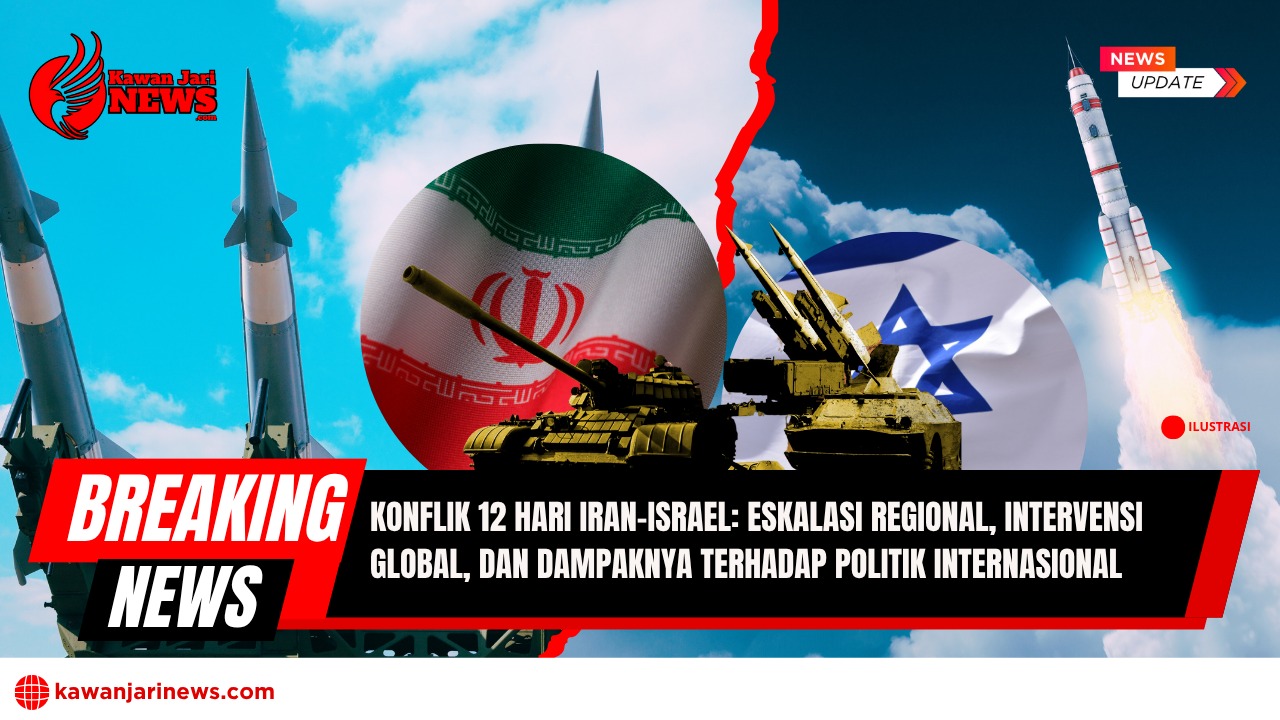 Doc. Ilustrasi ini menampilkan bendera Iran dan Israel, serta peralatan militer, untuk menggambarkan konflik 12 hari antara kedua negara dan dampaknya terhadap politik internasional. (Ilustrasi: NR -kawanjarinews.com).