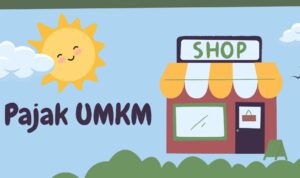 Doc. Ilustrasi bergaya kartun yang menampilkan bangunan toko kecil bertuliskan "SHOP" dengan tanda "OPEN", menggambarkan pelaku usaha UMKM. Di sisi kiri terlihat tulisan "Pajak UMKM" disertai matahari dan awan ceria, yang merepresentasikan semangat positif dan inklusif dalam edukasi pajak untuk sektor Usaha Mikro, Kecil, dan Menengah. Catatan: Gambar ini bersifat ilustratif untuk mendukung kampanye kesadaran pajak UMKM. (Foto Dokumentasi: Eko Wahyu).