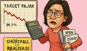 Doc. Ilustrasi Karikatur Menteri Keuangan Sri Mulyani Indrawati menunjukkan kekhawatiran atas potensi tidak tercapainya target penerimaan pajak tahun 2025. Pemerintah memproyeksikan realisasi pajak hanya mencapai 94,9 persen dari target APBN. Tekanan berasal dari tingginya restitusi, batalnya kenaikan PPN, hingga perubahan skema dividen BUMN. Pemerintah siapkan sejumlah langkah strategis untuk menekan risiko shortfall dan menjaga keseimbangan fiskal nasional. (Ilustrasi: Eko Wahyu – kawanjarinews.com).