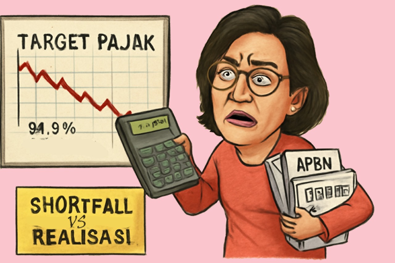 Doc. Ilustrasi Karikatur Menteri Keuangan Sri Mulyani Indrawati menunjukkan kekhawatiran atas potensi tidak tercapainya target penerimaan pajak tahun 2025. Pemerintah memproyeksikan realisasi pajak hanya mencapai 94,9 persen dari target APBN. Tekanan berasal dari tingginya restitusi, batalnya kenaikan PPN, hingga perubahan skema dividen BUMN. Pemerintah siapkan sejumlah langkah strategis untuk menekan risiko shortfall dan menjaga keseimbangan fiskal nasional. (Ilustrasi: Eko Wahyu – kawanjarinews.com).