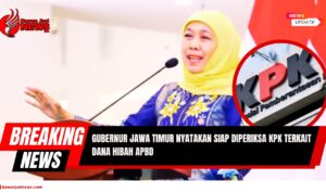 Doc. Gubernur Jawa Timur, Khofifah Indar Parawansa, menyampaikan kesiapannya untuk diperiksa Komisi Pemberantasan Korupsi (KPK) terkait penyidikan kasus dugaan korupsi dana hibah APBD Jawa Timur tahun anggaran 2021–2022. Proses hukum yang tengah berlangsung telah menetapkan 21 tersangka dan melibatkan penggeledahan sejumlah lokasi, termasuk ruang kerja Gubernur. Pernyataan Khofifah menegaskan sikap kooperatifnya terhadap penegakan hukum dan pentingnya transparansi dalam tata kelola pemerintahan daerah. (Sumber Foto: Suara Surabaya).
