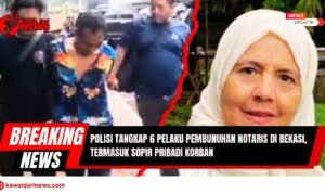 Doc. Ilustrasi pemberitaan penangkapan enam pelaku pembunuhan terhadap notaris Syarif Sidah Alatas. Gambar sebelah kiri menunjukkan aparat kepolisian menggiring salah satu tersangka di Karanganyar, Jawa Tengah, usai dilakukan penangkapan. Di sisi kanan, tampak potret korban yang semasa hidup dikenal sebagai notaris di wilayah Bogor. Kombinasi visual ini menggambarkan keberhasilan aparat dalam mengungkap kasus pembunuhan yang menggemparkan publik, dengan latar belakang motif penguasaan harta korban. (Ilustrasi: NR -kawanjarinews.com).