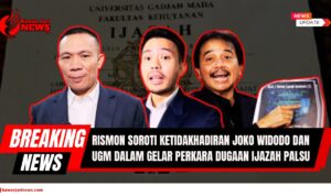Doc. Ilustrasi berita yang menampilkan (dari kiri ke kanan) Rismon Napitupulu selaku pelapor kasus dugaan ijazah palsu, Yakub Hasibuan sebagai kuasa hukum Presiden ke-7 RI Joko Widodo, dan Roy Suryo sebagai pengamat telematika. Rismon menyoroti ketidakhadiran langsung Joko Widodo maupun perwakilan Universitas Gadjah Mada (UGM) dalam forum gelar perkara khusus yang digelar oleh Bareskrim Polri. Ketiganya menjadi figur penting dalam pemberitaan publik yang berkembang terkait kasus ini. Gambar latar memperlihatkan dokumen ijazah sebagai simbol kasus yang dipersoalkan. (Ilustrasi: NR – kawanjarinews.com).