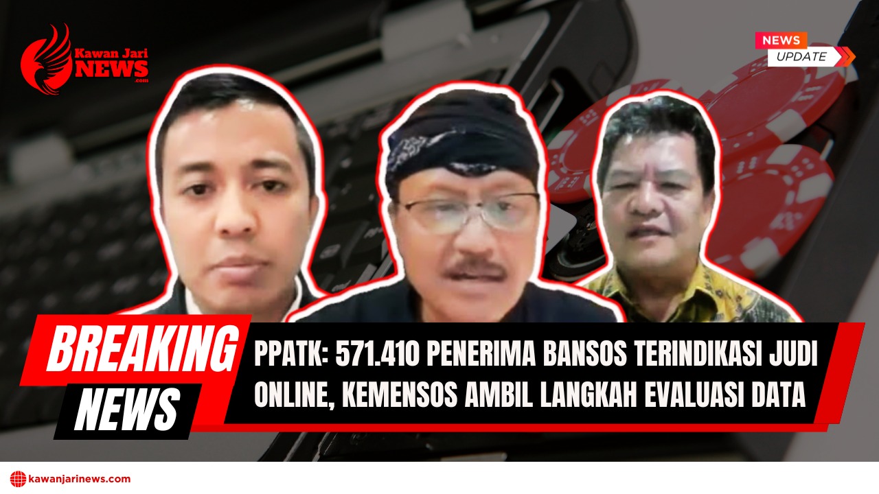 Doc. Ilustrasi wajah Deputi PPATK, bersama dua narasumber lainnya, dalam tayangan yang membahas temuan 571.410 penerima bantuan sosial (bansos) yang terindikasi terlibat dalam aktivitas judi online. Laporan ini menjadi sorotan publik setelah Kementerian Sosial menyatakan siap mengevaluasi data penerima bansos secara menyeluruh dan memperkuat kolaborasi dengan PPATK demi memastikan akuntabilitas dan ketepatan sasaran program bantuan pemerintah. (Ilustrasi: NR -kawanjarinews.com).