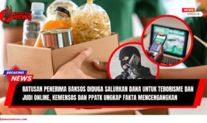 Doc. Ilustrasi penyaluran bantuan sosial (bansos) dan penyalahgunaannya. Dalam gambar tampak paket bantuan berupa kebutuhan pokok, serta inset gambar aktivitas judi online dan seseorang berpakaian hitam yang menggambarkan potensi penyalahgunaan dana untuk aktivitas ilegal, termasuk terorisme. Gambar ini hanya ilustrasi semata dan tidak menggambarkan individu atau peristiwa sebenarnya. (Ilustrasi: NR-kawanjarinews.com).
