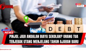 Doc. Ilustrasi Seorang, orang tua mengakses aplikasi pinjaman online melalui ponsel pintar untuk memenuhi kebutuhan biaya pendidikan anak menjelang tahun ajaran baru. Di sampingnya, simbol globe dengan topi wisuda serta tumpukan koin melambangkan beban biaya pendidikan dan risiko utang yang meningkat. Gambar ini mencerminkan fenomena maraknya penggunaan pinjol untuk membiayai kebutuhan sekolah di tengah tekanan ekonomi. (ilustrasi: NR – kawanjarinews.com).