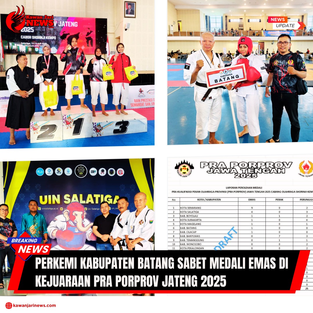Doc. Momen kemenangan kontingen PERKEMI Kabupaten Batang di Kejuaraan PRA PORPROV Jateng 2025 di UIN Salatiga. Labibatus Tsurayya raih emas randori putri kelas 55–60 kg. Tampak pelatih, official, dan hasil perolehan medali resmi. (Foto Dokumentasi: Riskon).