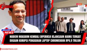 Doc. Mantan Mendikbudristek Nadiem Makarim (tengah) didampingi tim kuasa hukum, termasuk Hotman Paris Hutapea (kedua dari kanan), tiba di Gedung Kejaksaan Agung, Jakarta, pada Selasa pagi (15/7/2025). Kehadiran Nadiem untuk menjalani pemeriksaan lanjutan terkait dugaan korupsi pengadaan laptop Chromebook senilai Rp9,9 triliun pada periode 2019–2022. (Foto: NR – kawanjarinews.com).